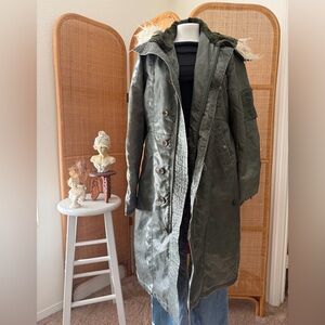 Vintage Lucky Brand Green Trench Coat with faux Fur Trim